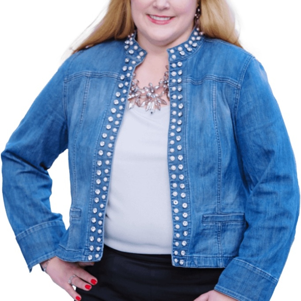 Women's Denim Open Front Jacket, Pearl and Rhinestone Embellishments